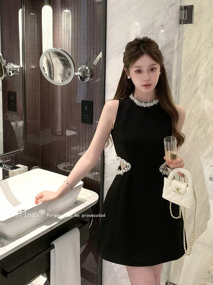 FanyFloss Luxury Diamond-Studded Waist-Definition Hollow-Out Dress for Women, Heavy-Fitting Sleeveless Diamond-Studded Waist-Cinching Little Black Dress for Evenings
