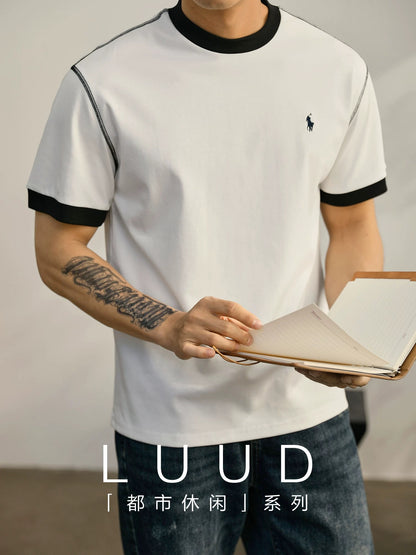 LUUD contrasting color topstitching round neck short-sleeved T-shirt men's summer knight embroidery trendy fashion ice-feeling cotton top