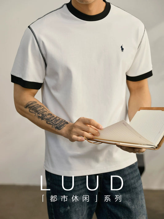LUUD contrasting color topstitching round neck short-sleeved T-shirt men's summer knight embroidery trendy fashion ice-feeling cotton top