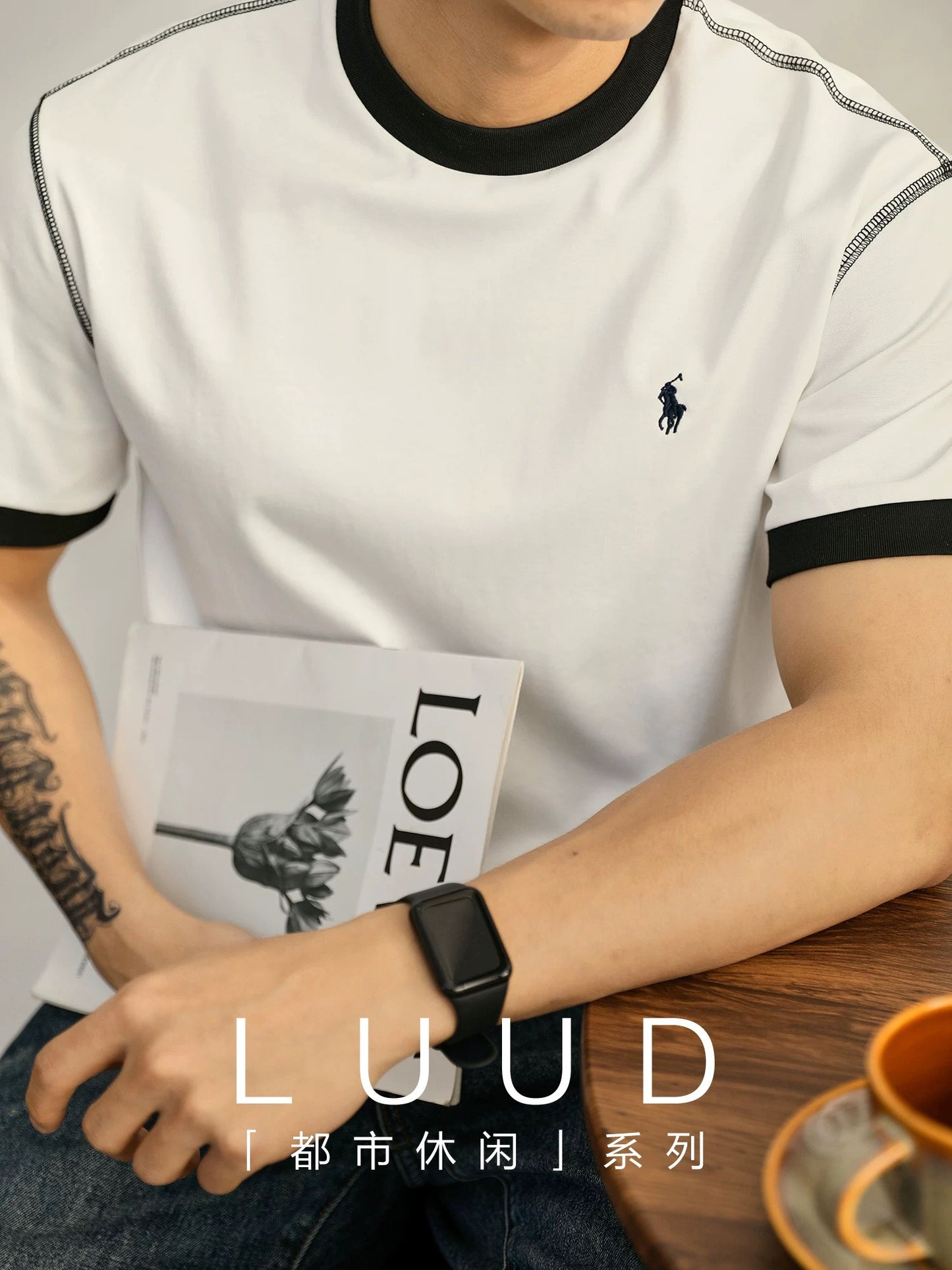 LUUD contrasting color topstitching round neck short-sleeved T-shirt men's summer knight embroidery trendy fashion ice-feeling cotton top
