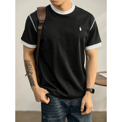 LUUD contrasting color topstitching round neck short-sleeved T-shirt men's summer knight embroidery trendy fashion ice-feeling cotton top