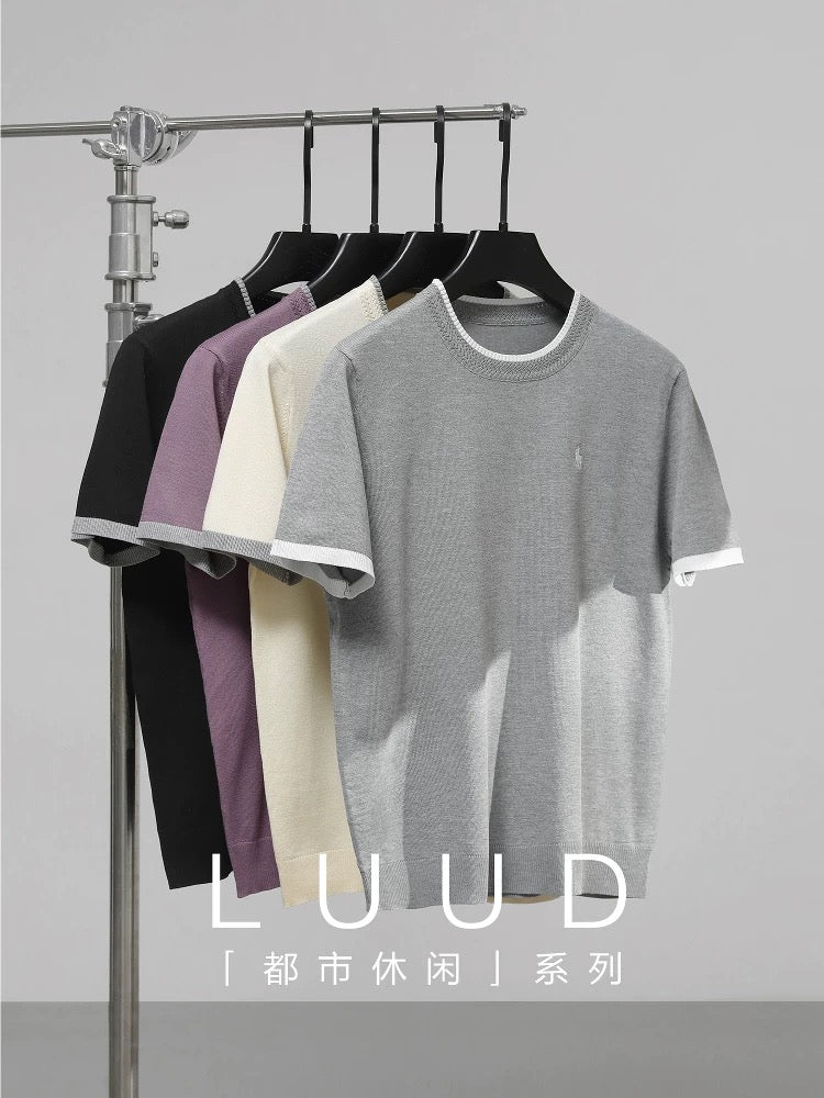LUUD Cool Silk Cool Blended T-shirt Men's Summer Urban Commuter Colorblock Short Sleeve Retro Round Neck T-shirt