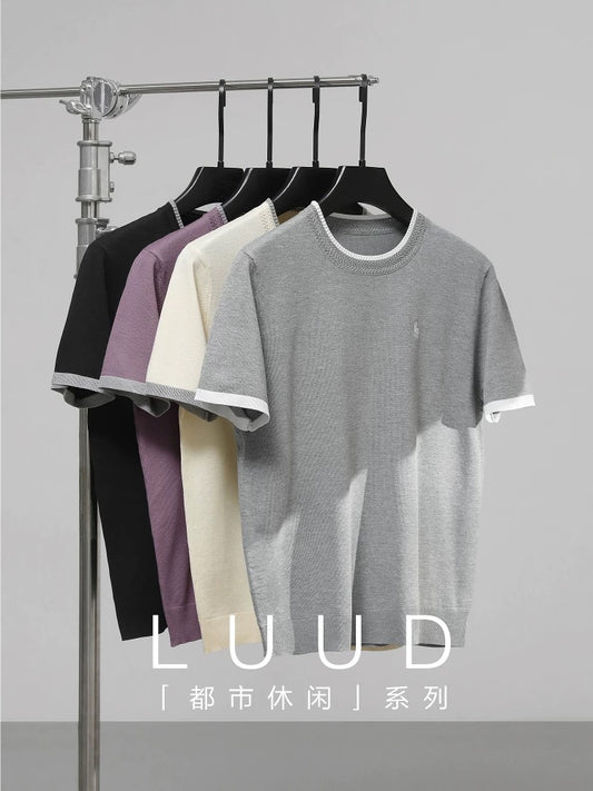 LUUD Cool Silk Cool Blended T-shirt Men's Summer Urban Commuter Colorblock Short Sleeve Retro Round Neck T-shirt