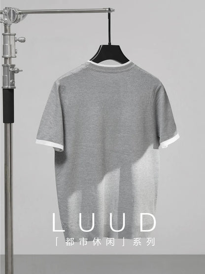 LUUD Cool Silk Cool Blended T-shirt Men's Summer Urban Commuter Colorblock Short Sleeve Retro Round Neck T-shirt