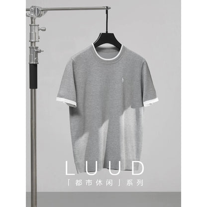 LUUD Cool Silk Cool Blended T-shirt Men's Summer Urban Commuter Colorblock Short Sleeve Retro Round Neck T-shirt