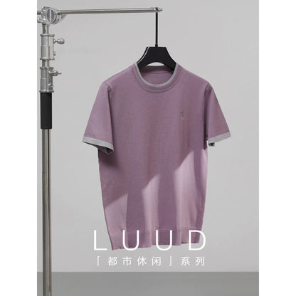 LUUD Cool Silk Cool Blended T-shirt Men's Summer Urban Commuter Colorblock Short Sleeve Retro Round Neck T-shirt