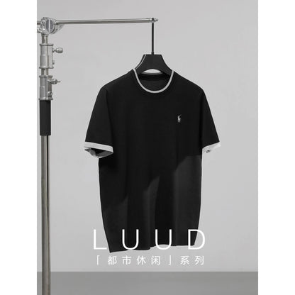 LUUD Cool Silk Cool Blended T-shirt Men's Summer Urban Commuter Colorblock Short Sleeve Retro Round Neck T-shirt