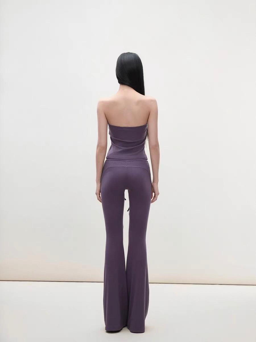 Matin Gris Purple Patchwork Ribbon Ruffled Bandeau Top with Drawstring Flare Tencel Knit Casual Pants