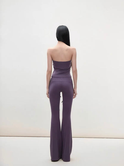 Matin Gris Purple Patchwork Ribbon Ruffled Bandeau Top with Drawstring Flare Tencel Knit Casual Pants