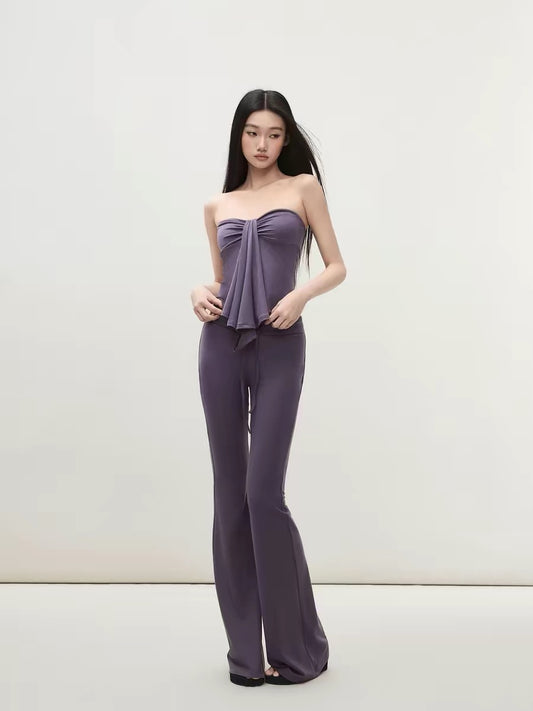 Matin Gris Purple Patchwork Ribbon Ruffled Bandeau Top with Drawstring Flare Tencel Knit Casual Pants