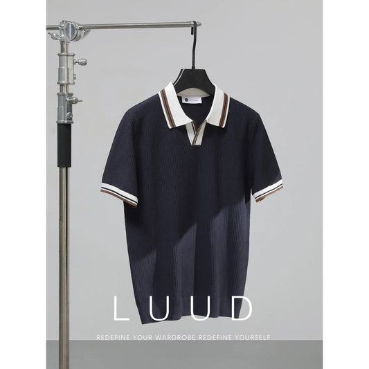 LUUD Cool Silk Blended V-Neck T-Shirt Men's Contrast Color Lapel Slim Fit Polo Shirt Knitted Textured T-Shirt