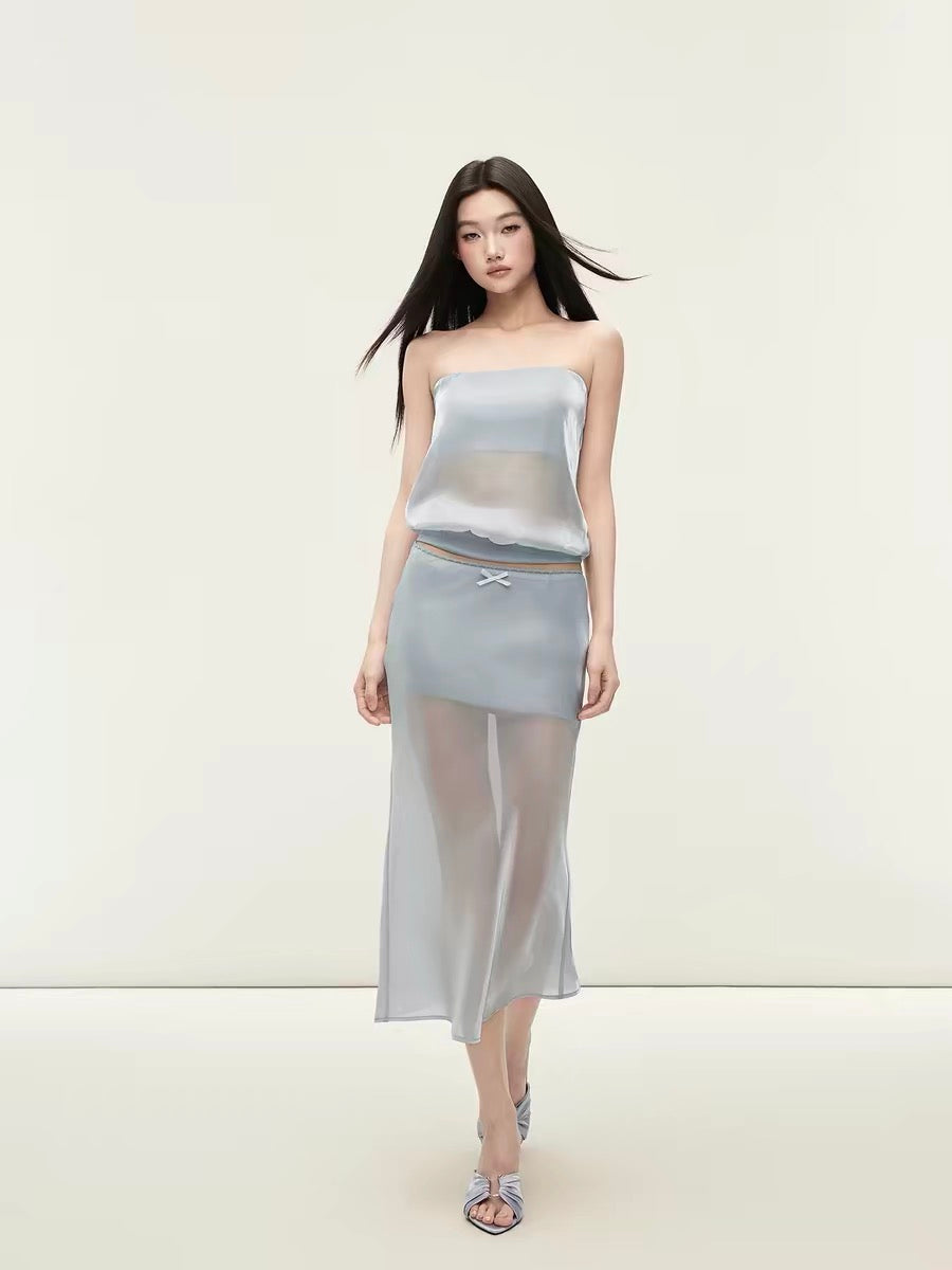 Matin Gris Blue Satin Strapless Low-Waisted Lace Trim Midi Skirt, Double-Layer Slim Fit Design Set