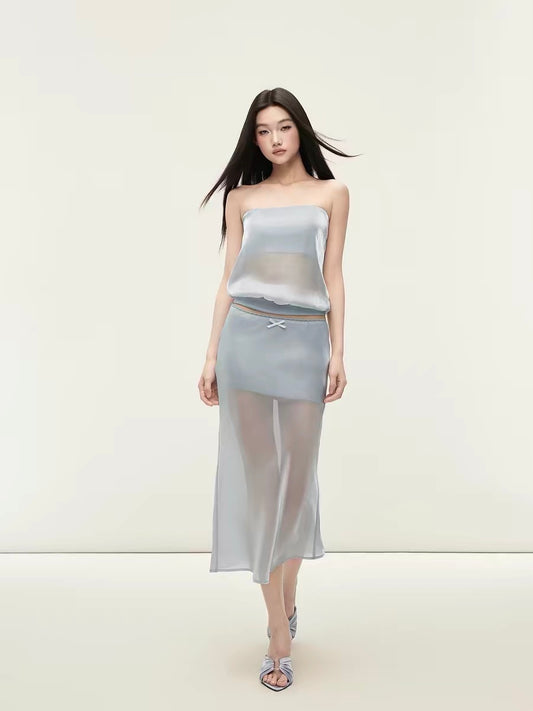 Matin Gris Blue Satin Strapless Low-Waisted Lace Trim Midi Skirt, Double-Layer Slim Fit Design Set