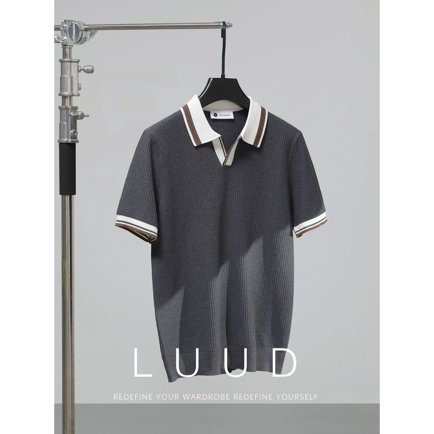 LUUD Cool Silk Blended V-Neck T-Shirt Men's Contrast Color Lapel Slim Fit Polo Shirt Knitted Textured T-Shirt