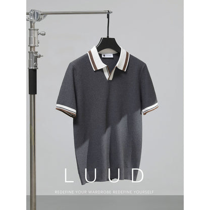 LUUD Cool Silk Blended V-Neck T-Shirt Men's Contrast Color Lapel Slim Fit Polo Shirt Knitted Textured T-Shirt