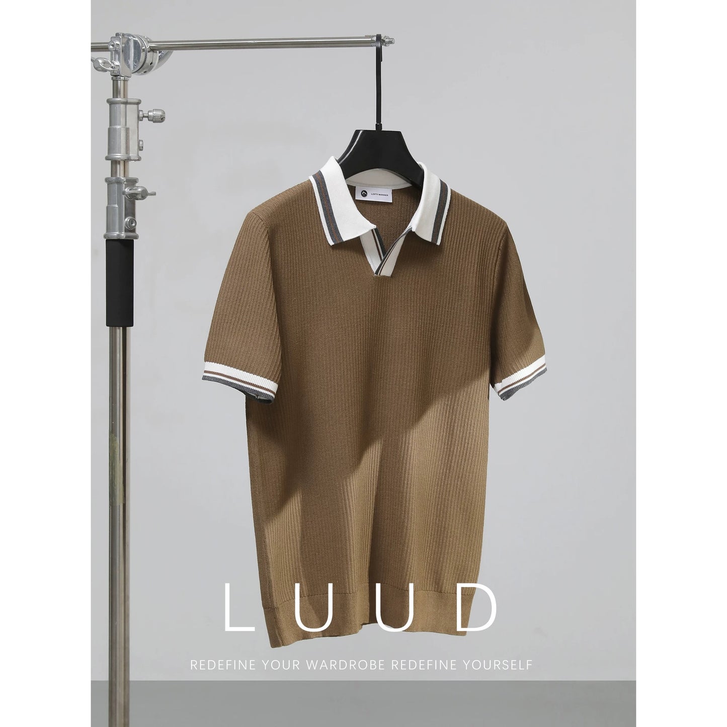 LUUD Cool Silk Blended V-Neck T-Shirt Men's Contrast Color Lapel Slim Fit Polo Shirt Knitted Textured T-Shirt