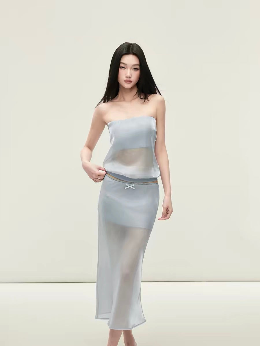 Matin Gris Blue Satin Strapless Low-Waisted Lace Trim Midi Skirt, Double-Layer Slim Fit Design Set