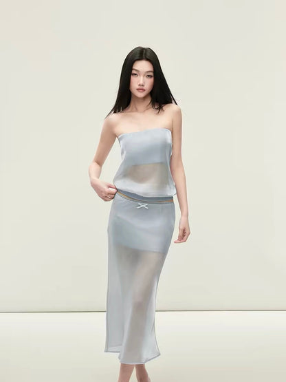 Matin Gris Blue Satin Strapless Low-Waisted Lace Trim Midi Skirt, Double-Layer Slim Fit Design Set