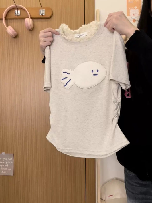 Creamy Universe Cartoon flocked fish right shoulder waistless short-sleeved T-shirt for women Japanese sweet girl style short top