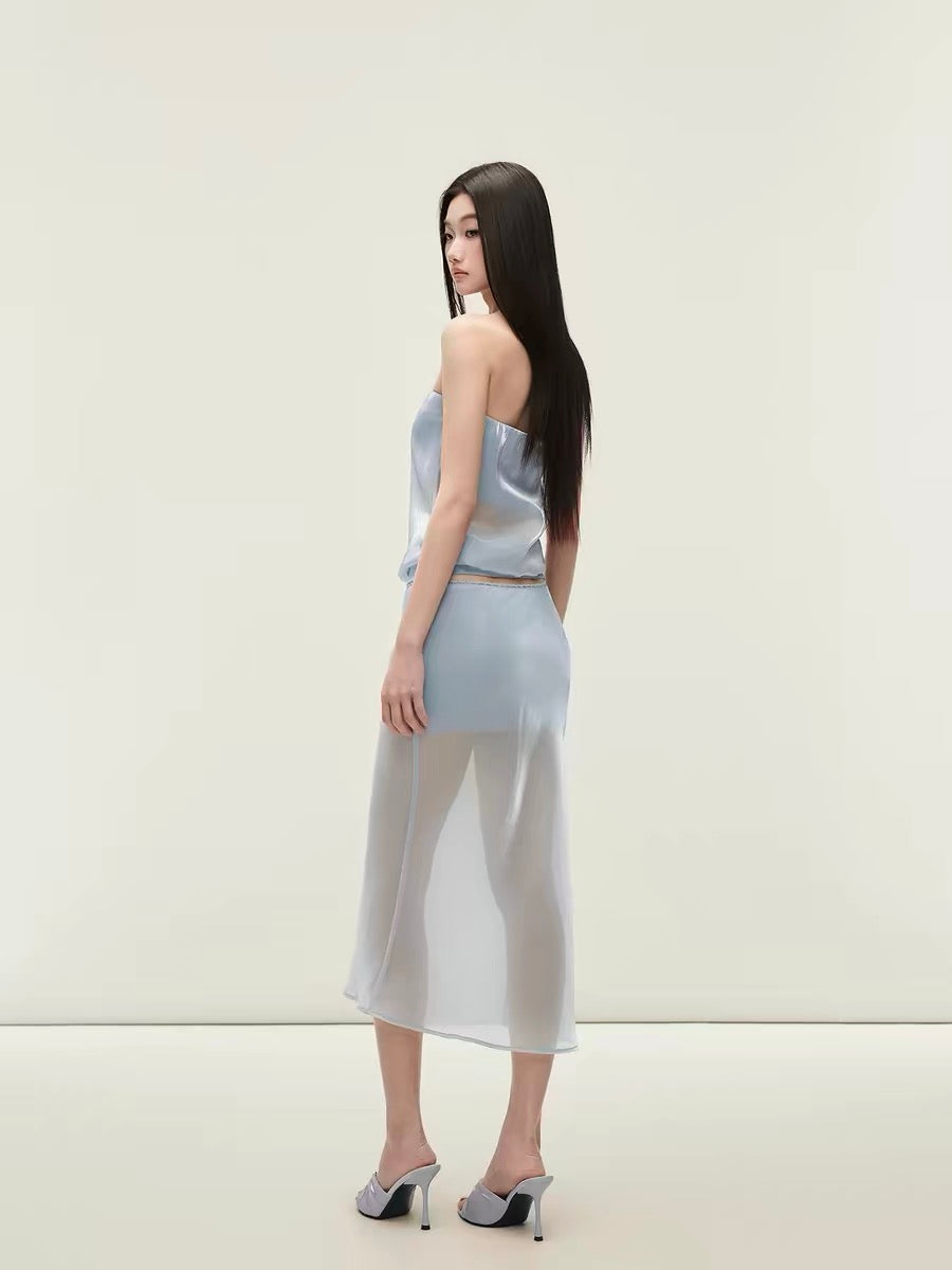Matin Gris Blue Satin Strapless Low-Waisted Lace Trim Midi Skirt, Double-Layer Slim Fit Design Set