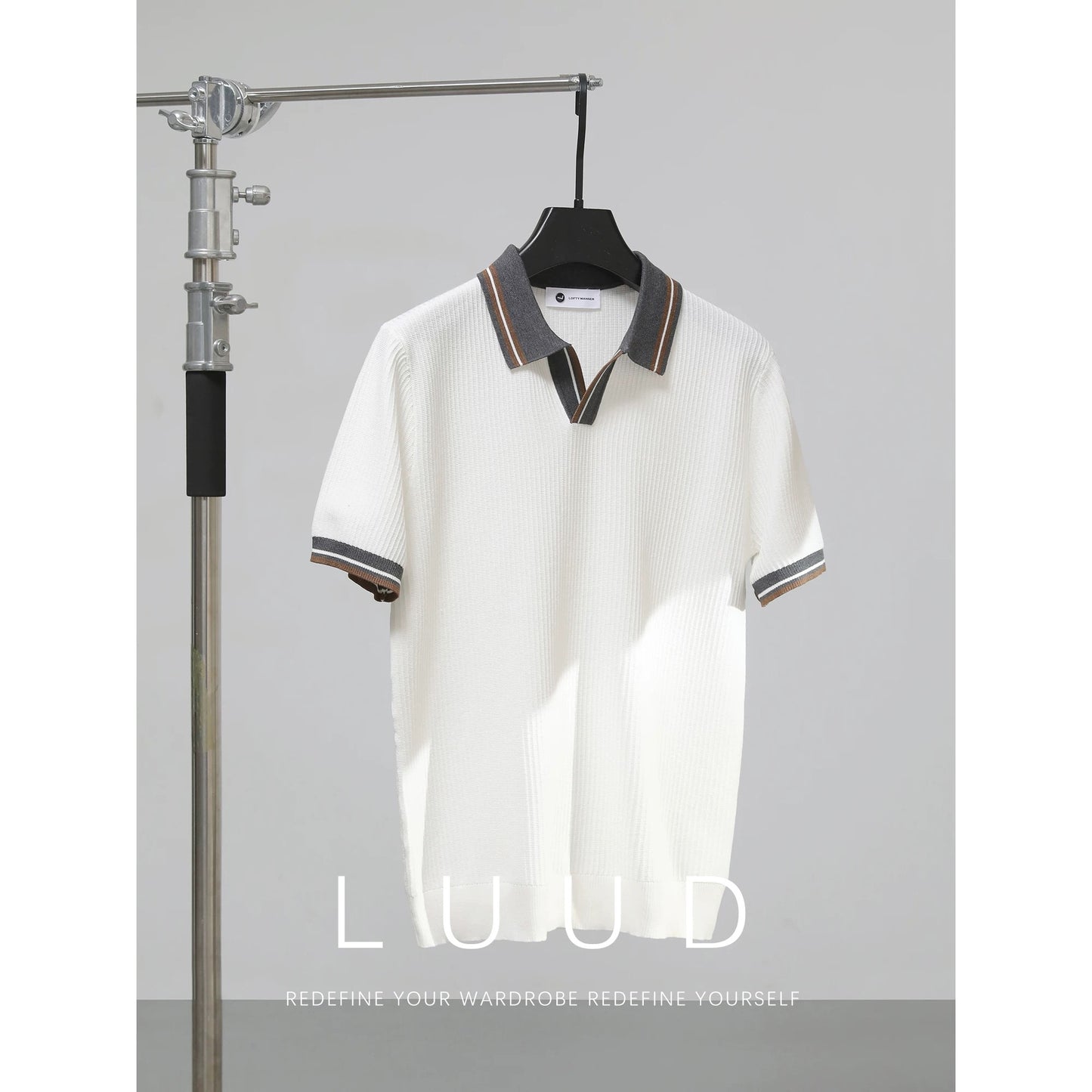 LUUD Cool Silk Blended V-Neck T-Shirt Men's Contrast Color Lapel Slim Fit Polo Shirt Knitted Textured T-Shirt