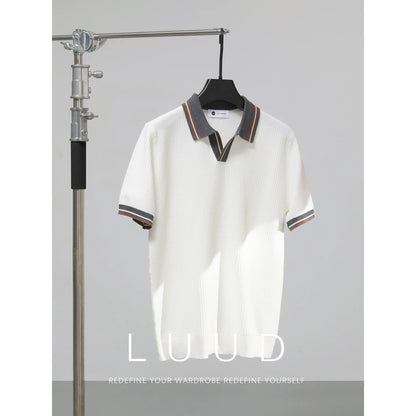 LUUD Cool Silk Blended V-Neck T-Shirt Men's Contrast Color Lapel Slim Fit Polo Shirt Knitted Textured T-Shirt