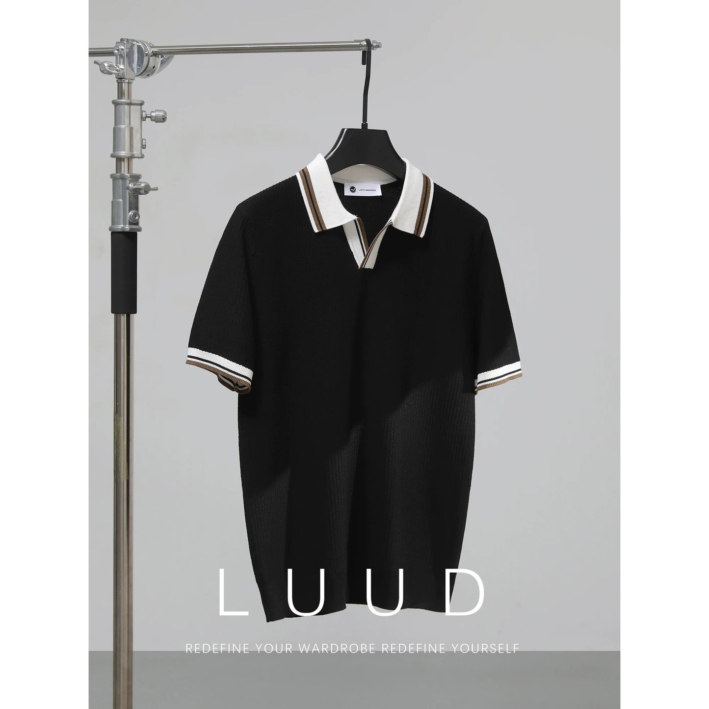 LUUD Cool Silk Blended V-Neck T-Shirt Men's Contrast Color Lapel Slim Fit Polo Shirt Knitted Textured T-Shirt