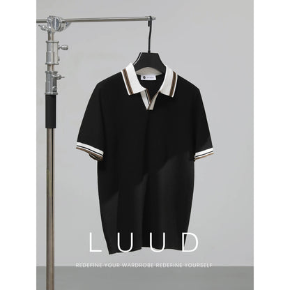 LUUD Cool Silk Blended V-Neck T-Shirt Men's Contrast Color Lapel Slim Fit Polo Shirt Knitted Textured T-Shirt