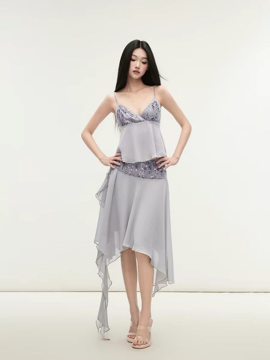 Matin Gris Purple-Grey Sequined Chiffon Camisole Top and Ruffled Diagonal Cut Skirt Set