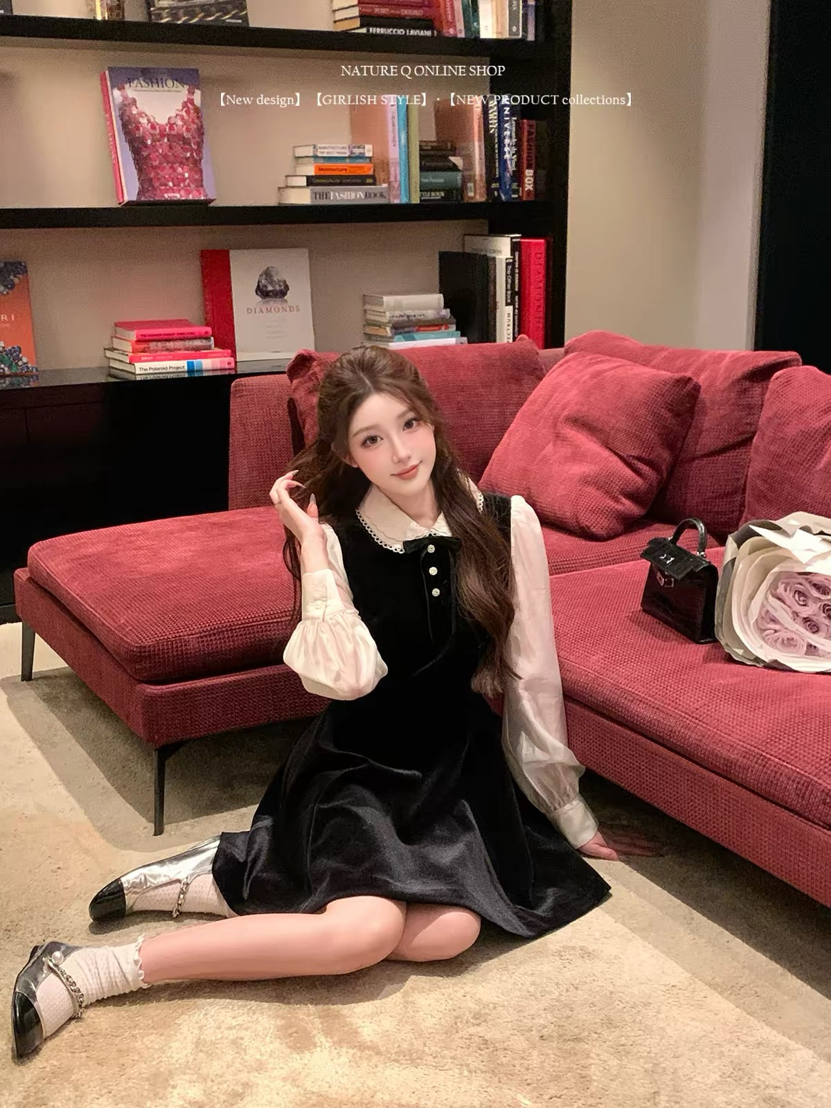 Yang Xiaojuan MIU-style "faux-layered" black velvet dress featuring a Peter Pan collar and a waist-cinching silhouette—perfect for birthdays or special occasions.