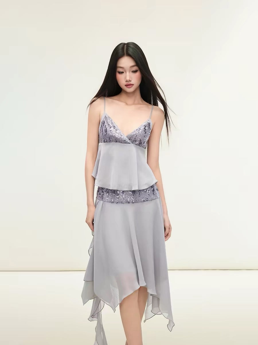 Matin Gris Purple-Grey Sequined Chiffon Camisole Top and Ruffled Diagonal Cut Skirt Set