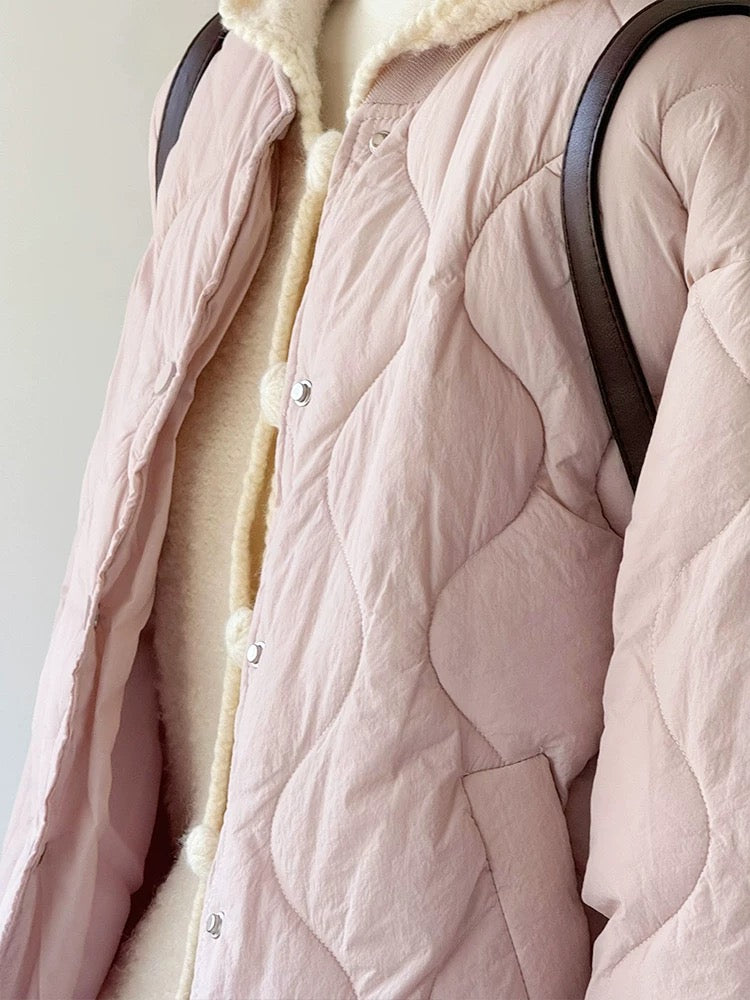 CHAO level recommendation! Full of girlishness~Korean cherry blossom pink round neck cardigan down padded jacket for women for small people