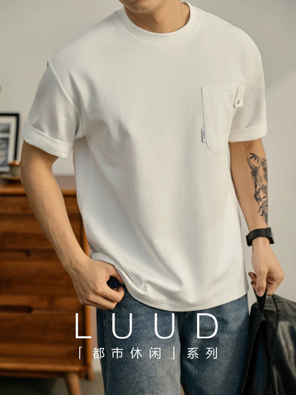 LUUD summer new chest patch pocket solid color short-sleeved T-shirt men's round neck temperament trendy T-shirt