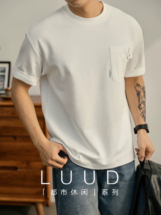 LUUD summer new chest patch pocket solid color short-sleeved T-shirt men's round neck temperament trendy T-shirt