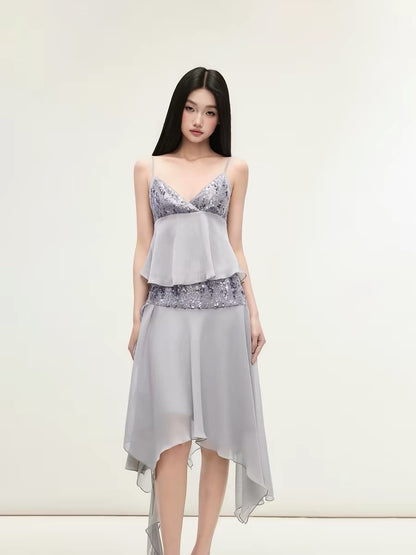 Matin Gris Purple-Grey Sequined Chiffon Camisole Top and Ruffled Diagonal Cut Skirt Set