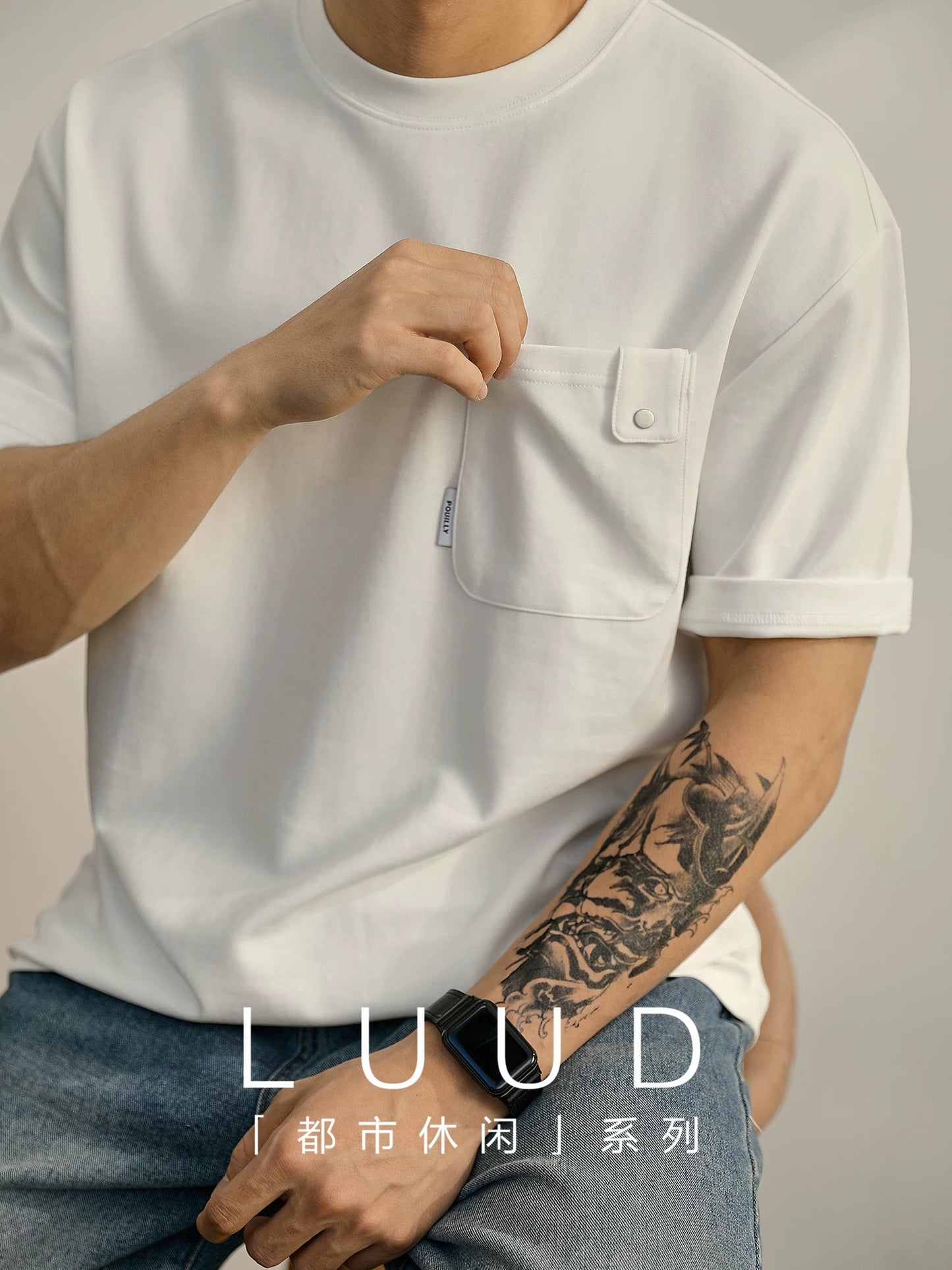 LUUD summer new chest patch pocket solid color short-sleeved T-shirt men's round neck temperament trendy T-shirt