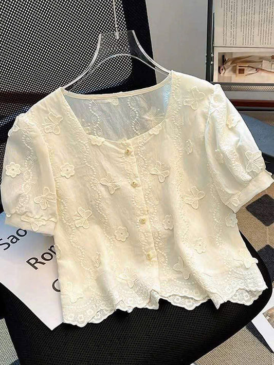 Brand discount French square neck lace shirt women 2025 summer new embroidery chic short puff sleeve top
