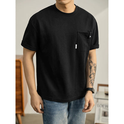 LUUD summer new chest patch pocket solid color short-sleeved T-shirt men's round neck temperament trendy T-shirt