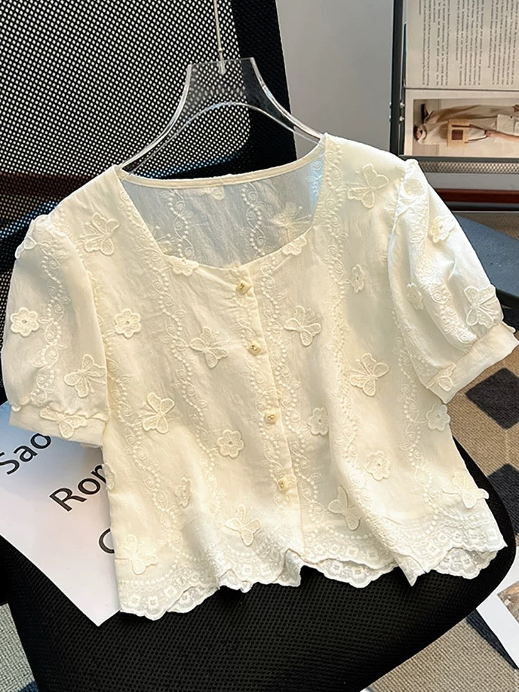 Brand discount French square neck lace shirt women 2025 summer new embroidery chic short puff sleeve top