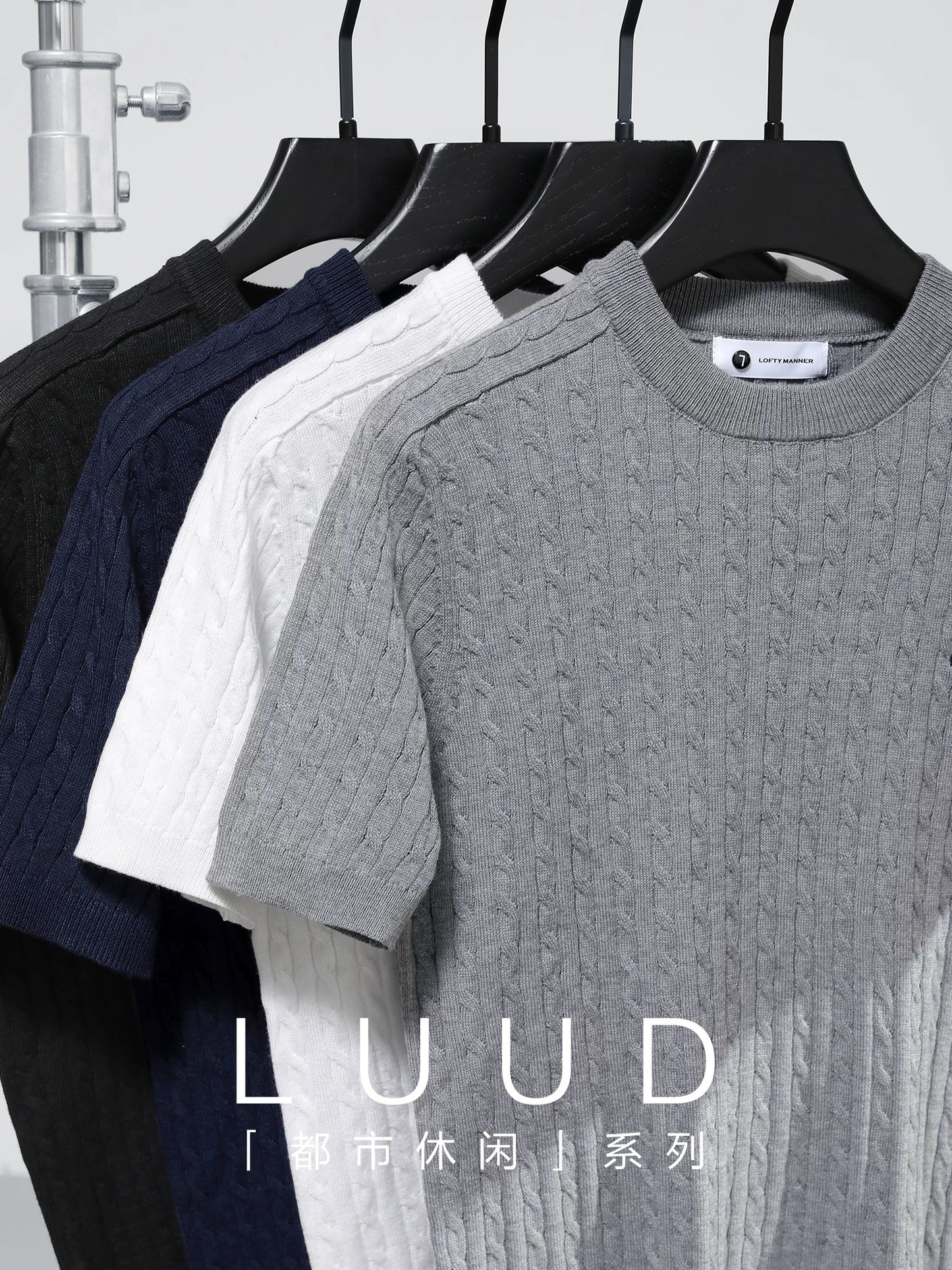 LUUD light luxury casual wool sweater men's summer woven texture knight embroidery round neck short-sleeved T-shirt