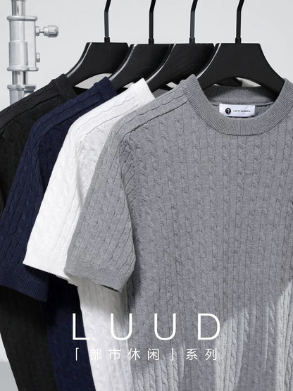 LUUD light luxury casual wool sweater men's summer woven texture knight embroidery round neck short-sleeved T-shirt