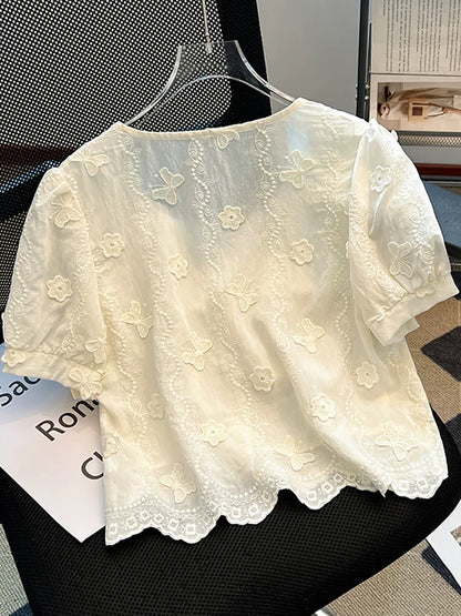 Brand discount French square neck lace shirt women 2025 summer new embroidery chic short puff sleeve top