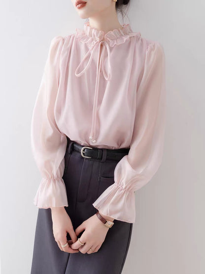 Women's Long-Sleeve Shirt – 2026 Autumn New Arrival: Chic Pink Blouse with Flared Sleeves, Lettuce-Edge Trim, and a Relaxed French-Style Fit.