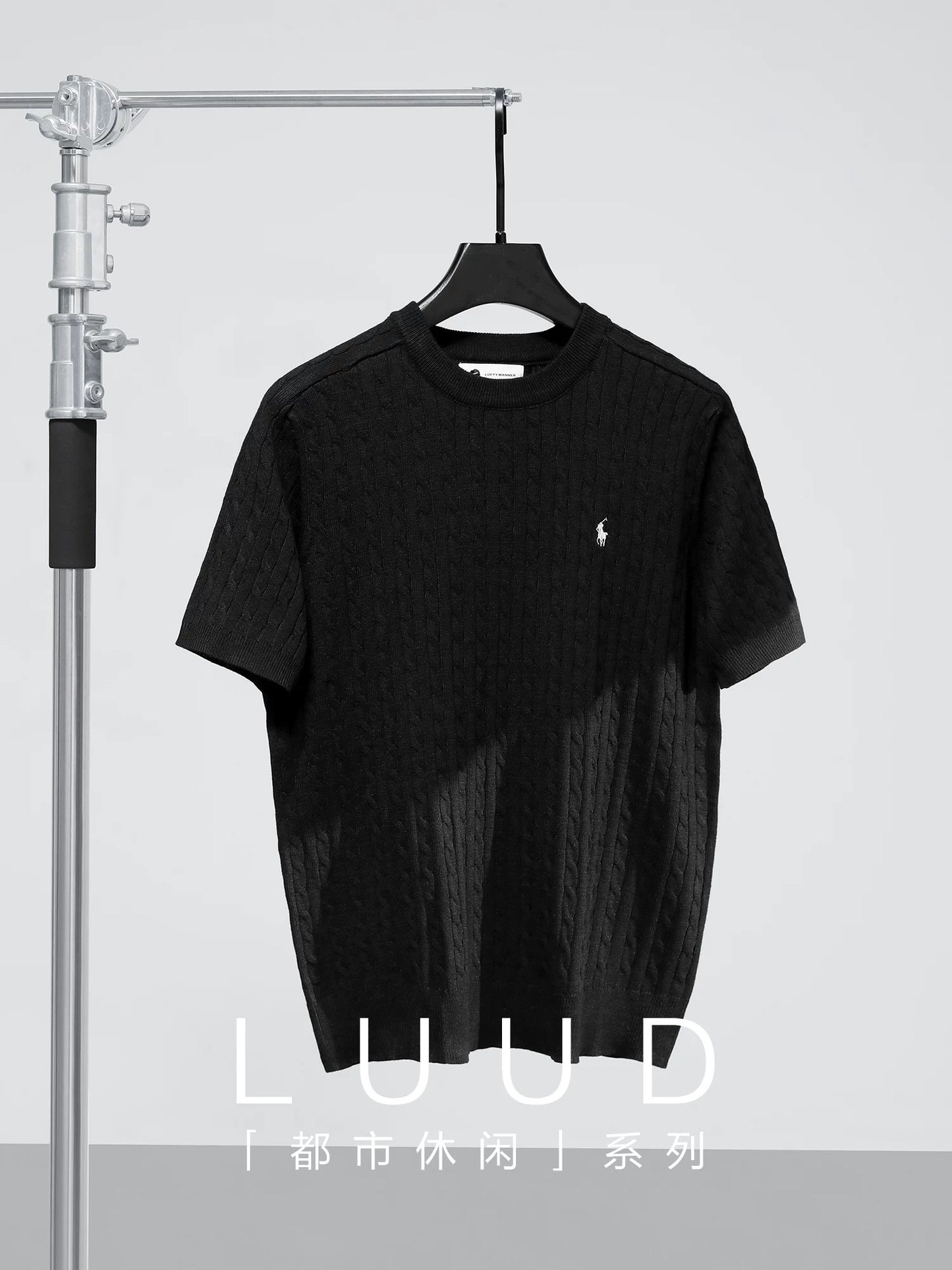 LUUD light luxury casual wool sweater men's summer woven texture knight embroidery round neck short-sleeved T-shirt