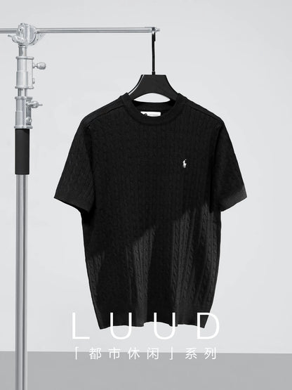 LUUD light luxury casual wool sweater men's summer woven texture knight embroidery round neck short-sleeved T-shirt