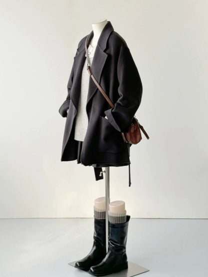 Black double-sided cashmere woolen coat for women 2024 new autumn and winter high-end woolen coat small and short style