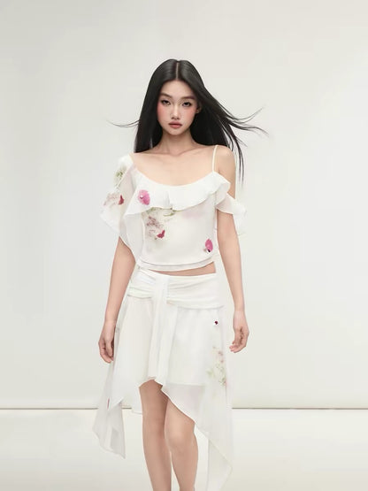 Matin Gris Beige Chiffon Printed Ruffled Short Camisole Skirt Set with Loose Fit and Irregular Grubbing