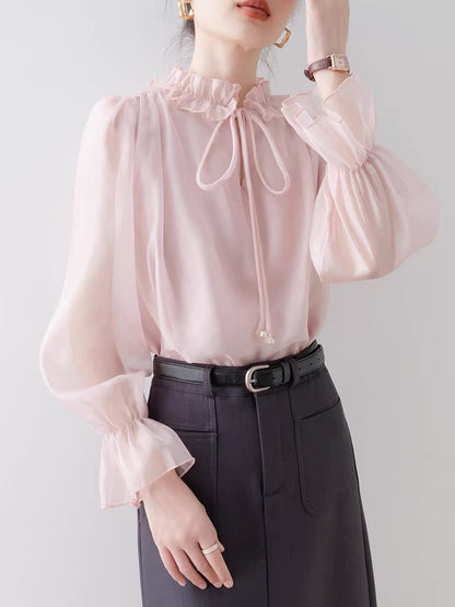Women's Long-Sleeve Shirt – 2026 Autumn New Arrival: Chic Pink Blouse with Flared Sleeves, Lettuce-Edge Trim, and a Relaxed French-Style Fit.