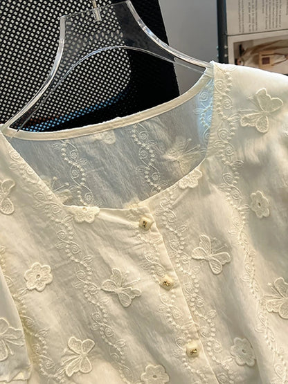 Brand discount French square neck lace shirt women 2025 summer new embroidery chic short puff sleeve top