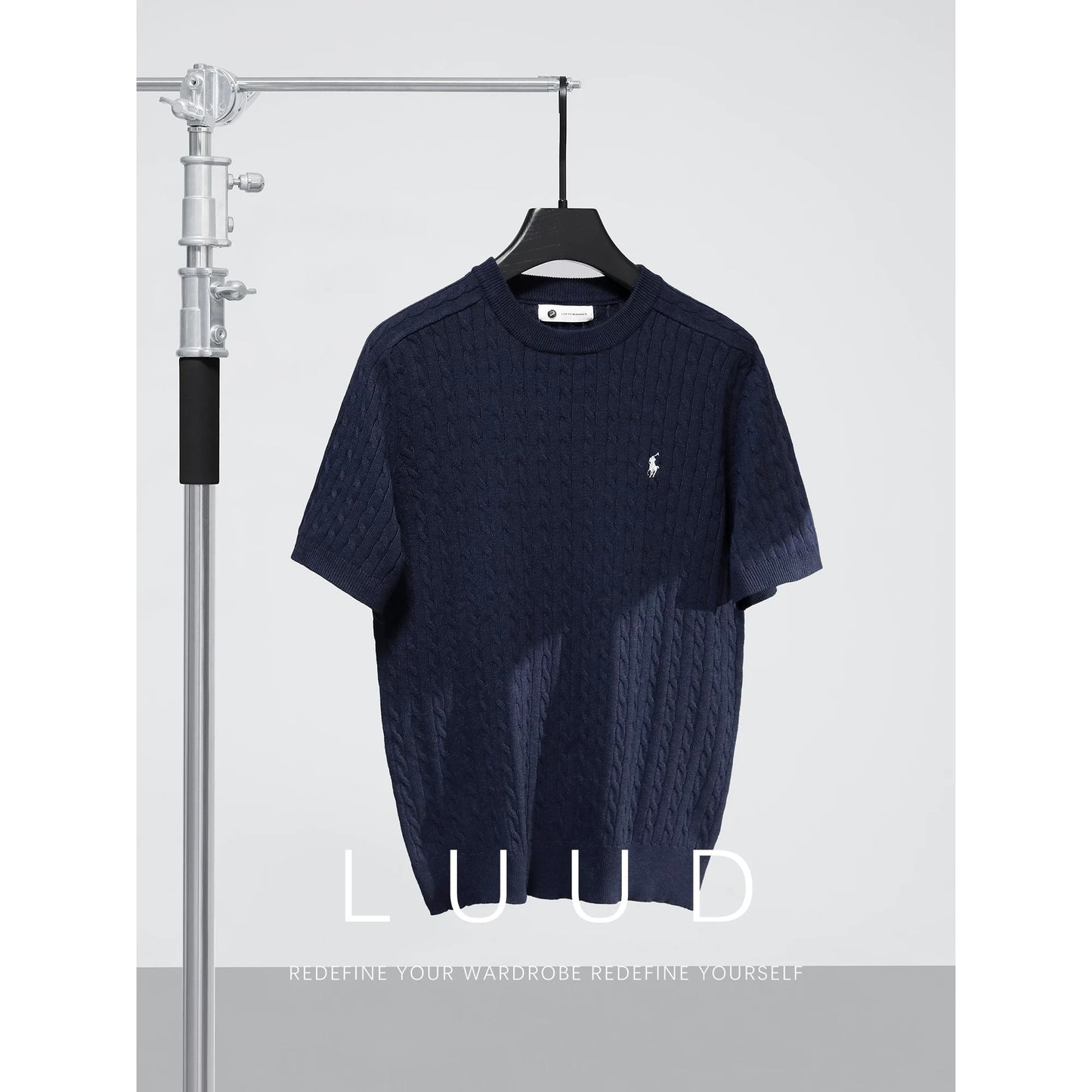 LUUD light luxury casual wool sweater men's summer woven texture knight embroidery round neck short-sleeved T-shirt